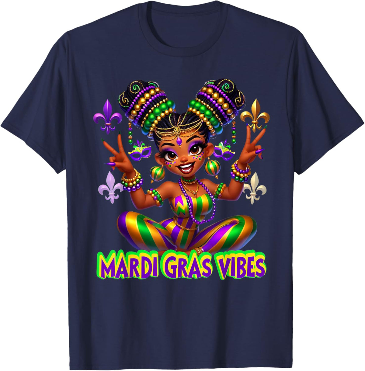 Mardi Gras Vibes Carnival New Orleans Beads Fleur De Lis T-Shirt - T-Shirt | Navy