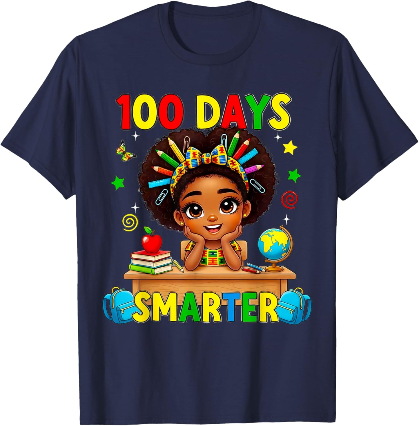 100 Days of School Afro Girl 100th Day Teacher Messy Bun T-Shirt - T-Shirt | Navy