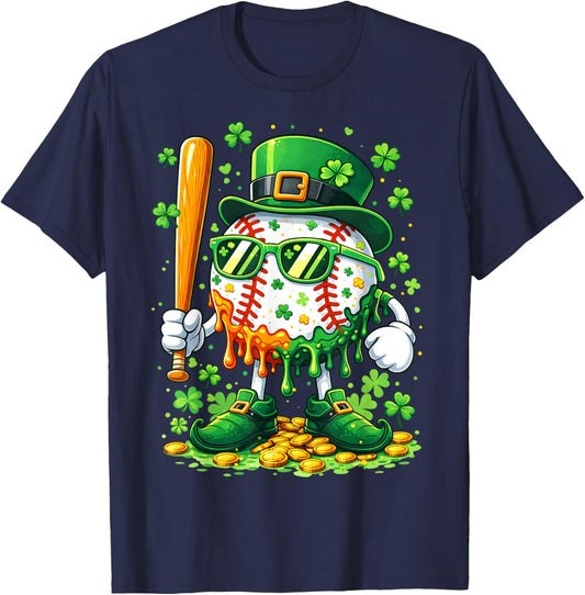 Drip Baseball St Patricks Day Kids Leprechaun Shamrock T-Shirt - T-Shirt | Navy