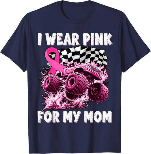 I Wear Pink for My Mom Breast Cancer Monster Truck Youth Kid T-Shirt - T-Shirt | Navy
