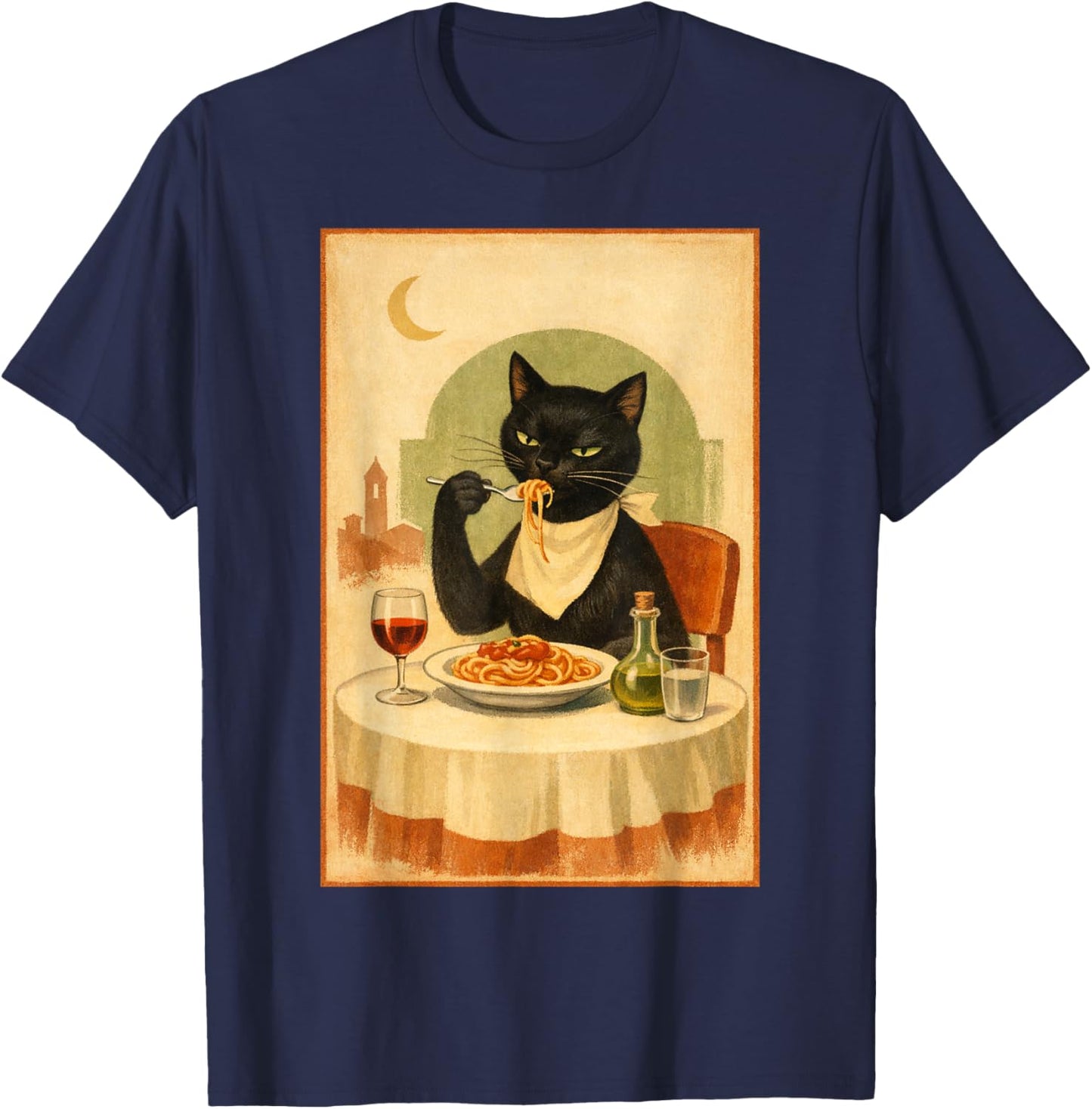 Black Cat Eating Spaghetti Illustration T-Shirt - T-Shirt | Navy