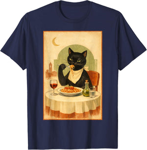 Black Cat Eating Spaghetti Illustration T-Shirt - T-Shirt | Navy