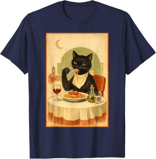 Black Cat Eating Spaghetti Illustration T-Shirt - T-Shirt | Navy