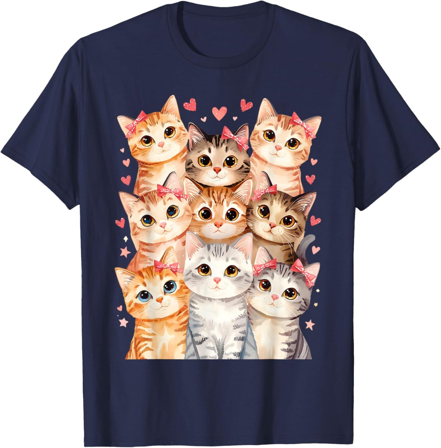 Cat Loving Girls Nine Cats with Pink Bows and Love Heart T-Shirt - T-Shirt | Navy