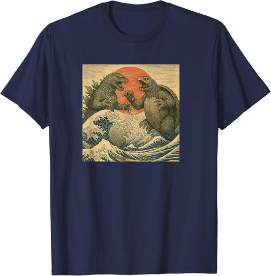 Turtle vs Monster Kaiju Japanese Ukiyo-e Style Men Women Kid T-Shirt - T-Shirt | Navy