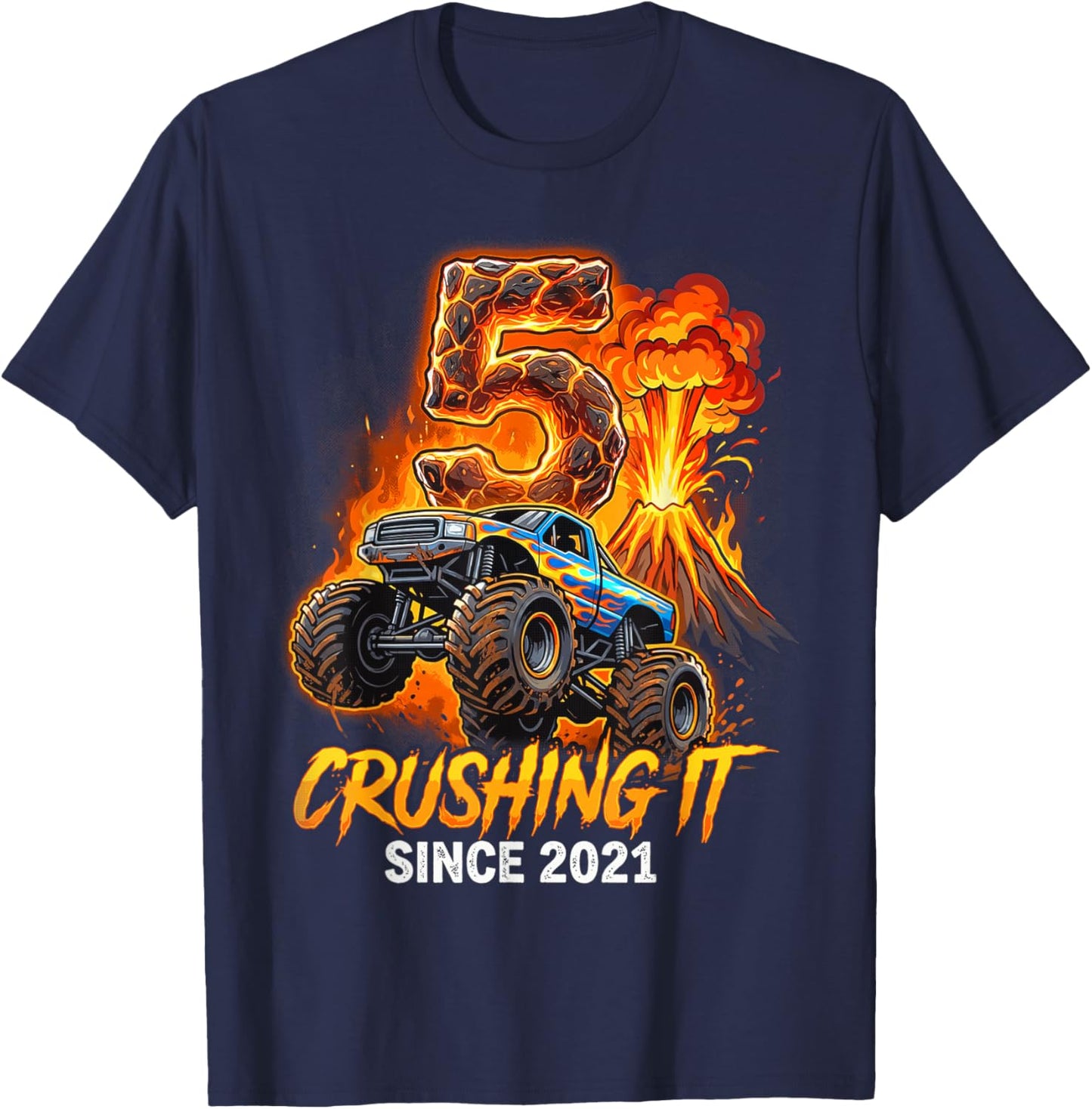 Birthday Monster Truck 5 Year Old Boys 5th Party Born 2021 T-Shirt - T-Shirt | Navy