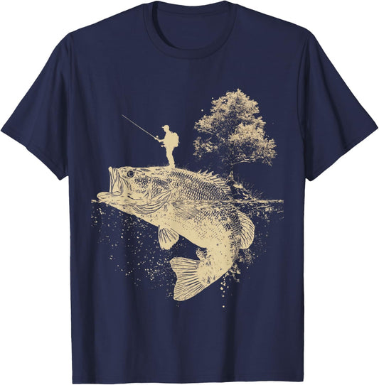 Largemouth Bass Fishing Adventure Angler Silhouette Nature T-Shirt - T-Shirt | Navy