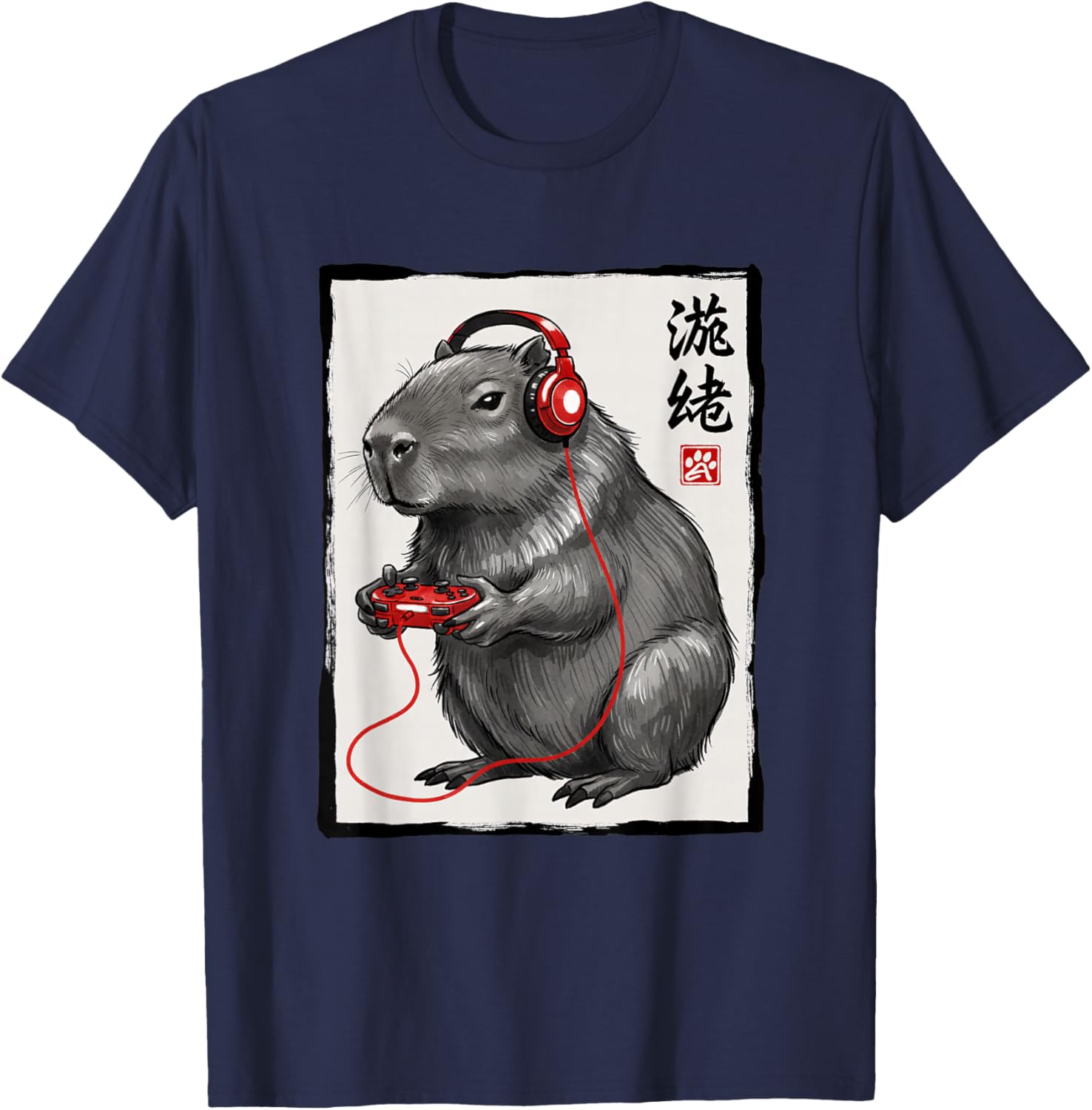 Capybara Gamer with Headphones Japanese Kanji Kids Gaming T-Shirt - T-Shirt | Navy