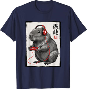 Capybara Gamer with Headphones Japanese Kanji Kids Gaming T-Shirt - T-Shirt | Navy