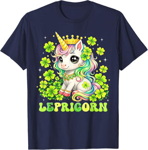 St Patricks Day Cute Unicorn Shamrock Lepricorn Girls Kids T-Shirt - T-Shirt | Navy