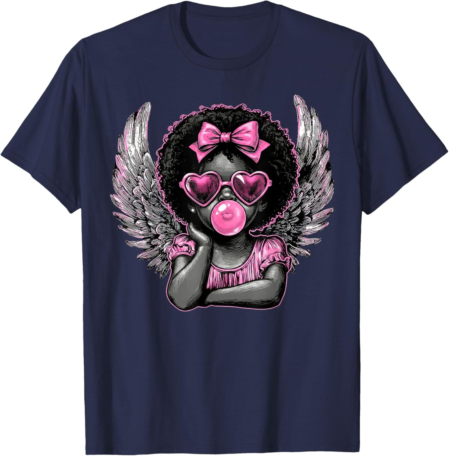 Afro Cupid with Sunglasses Blowing Bubble Gum Valentine T-Shirt - T-Shirt | Navy