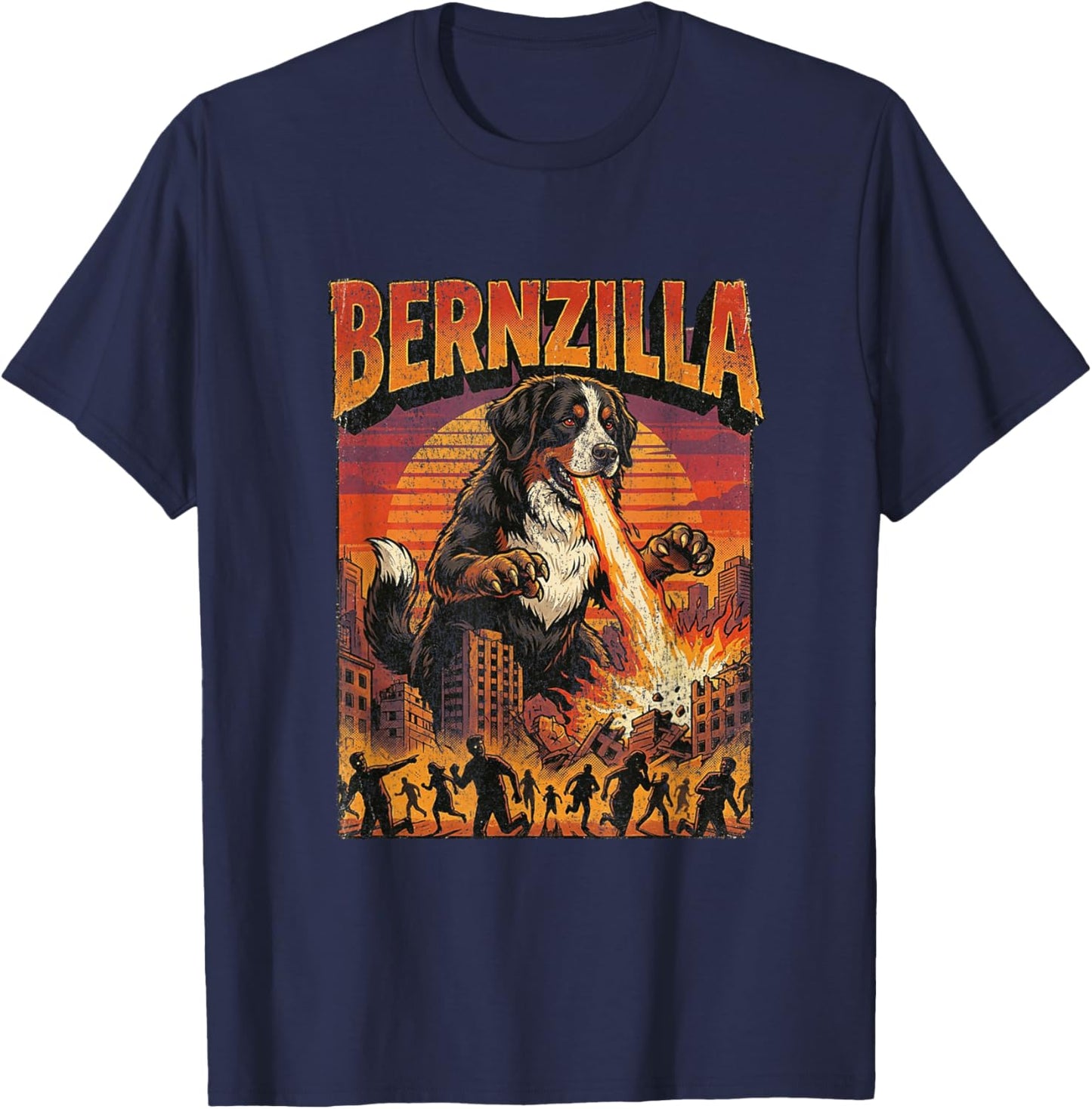 Bernzilla Giant Bernese Mountain Dog Dog Monster Movie T-Shirt - T-Shirt | Navy