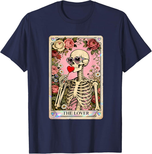 The Lover Skeleton Gothic Valentine Tarot Art T-Shirt - T-Shirt | Navy