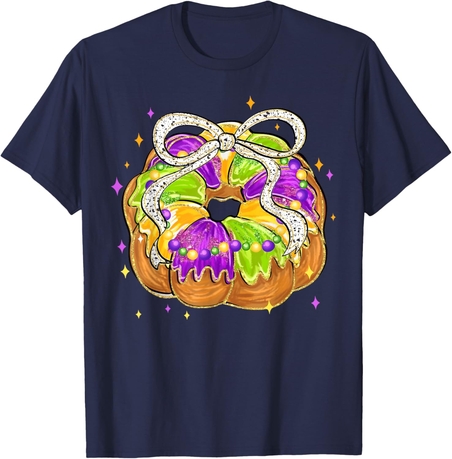 Mardi Gras Retro King Cake Coquette Bow Beads Carnival T-Shirt - T-Shirt | Navy