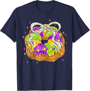 Mardi Gras Retro King Cake Coquette Bow Beads Carnival T-Shirt - T-Shirt | Navy