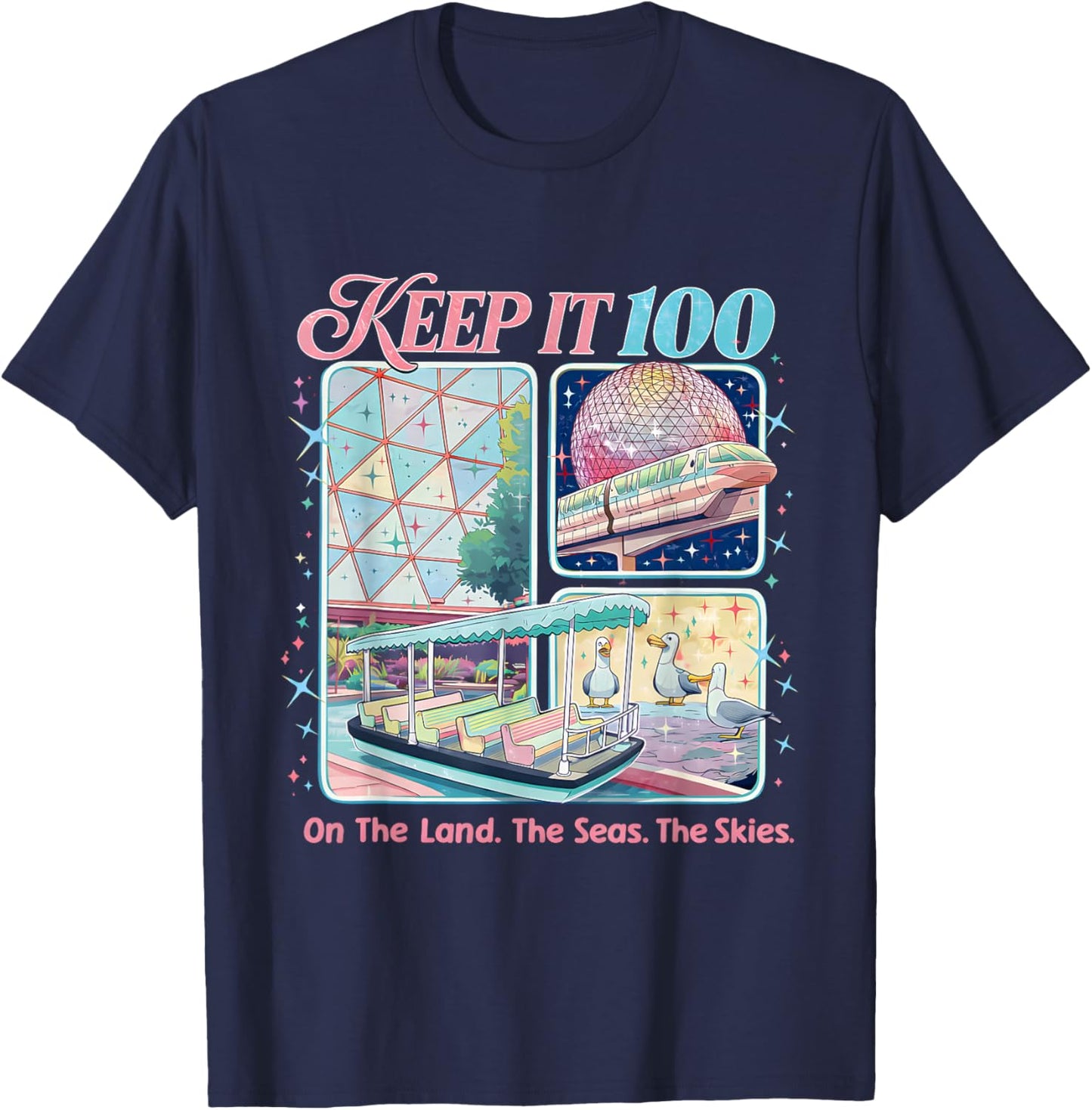 Keep It 100 Retro Travel Aesthetic Land Sea Sky T-Shirt - T-Shirt | Navy