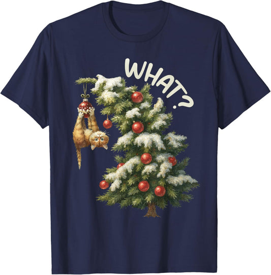 Funny Cat Gift Pushing Christmas Tree Over What? Women T-Shirt - T-Shirt | Navy