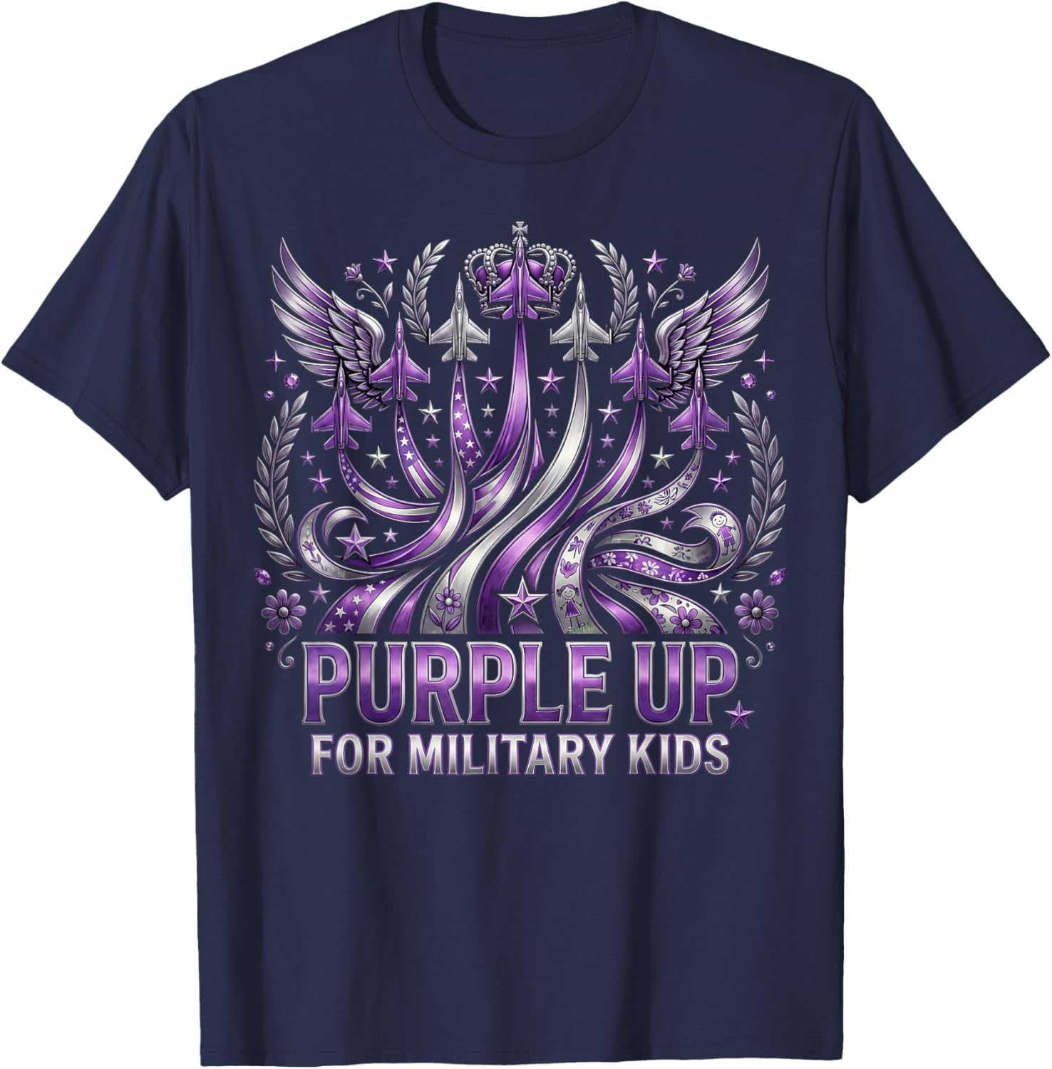 Military Child Month USA Flag Purple Up for Military Kids T-Shirt - T-Shirt | Navy