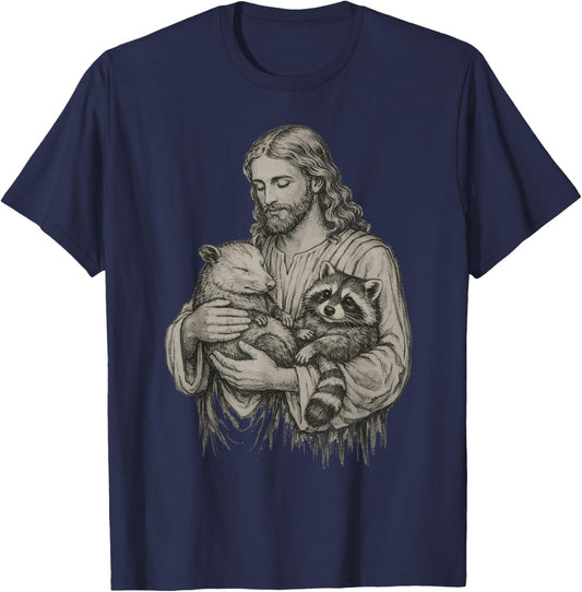 Jesus Holding Opossum and Raccoon Christian Religious Funny T-Shirt - T-Shirt | Navy