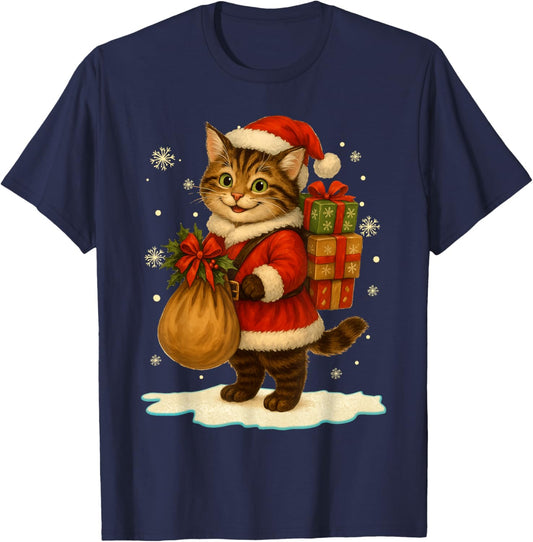 Cat Christmas Santa Hat Vintage Cat Lover Holiday Women Kids T-Shirt - T-Shirt | Navy