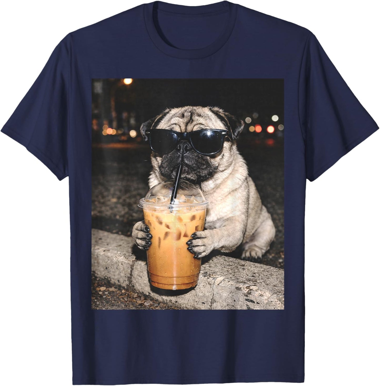 Pug Drinking Iced Coffee Funny Dog Meme T-Shirt - T-Shirt | Navy