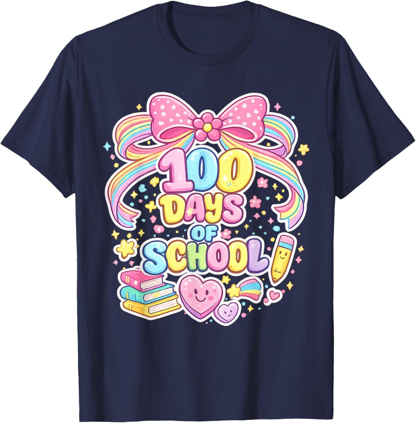 100th Day of School 100 Days Teacher Coquette Bow Girl T-Shirt - T-Shirt | Navy