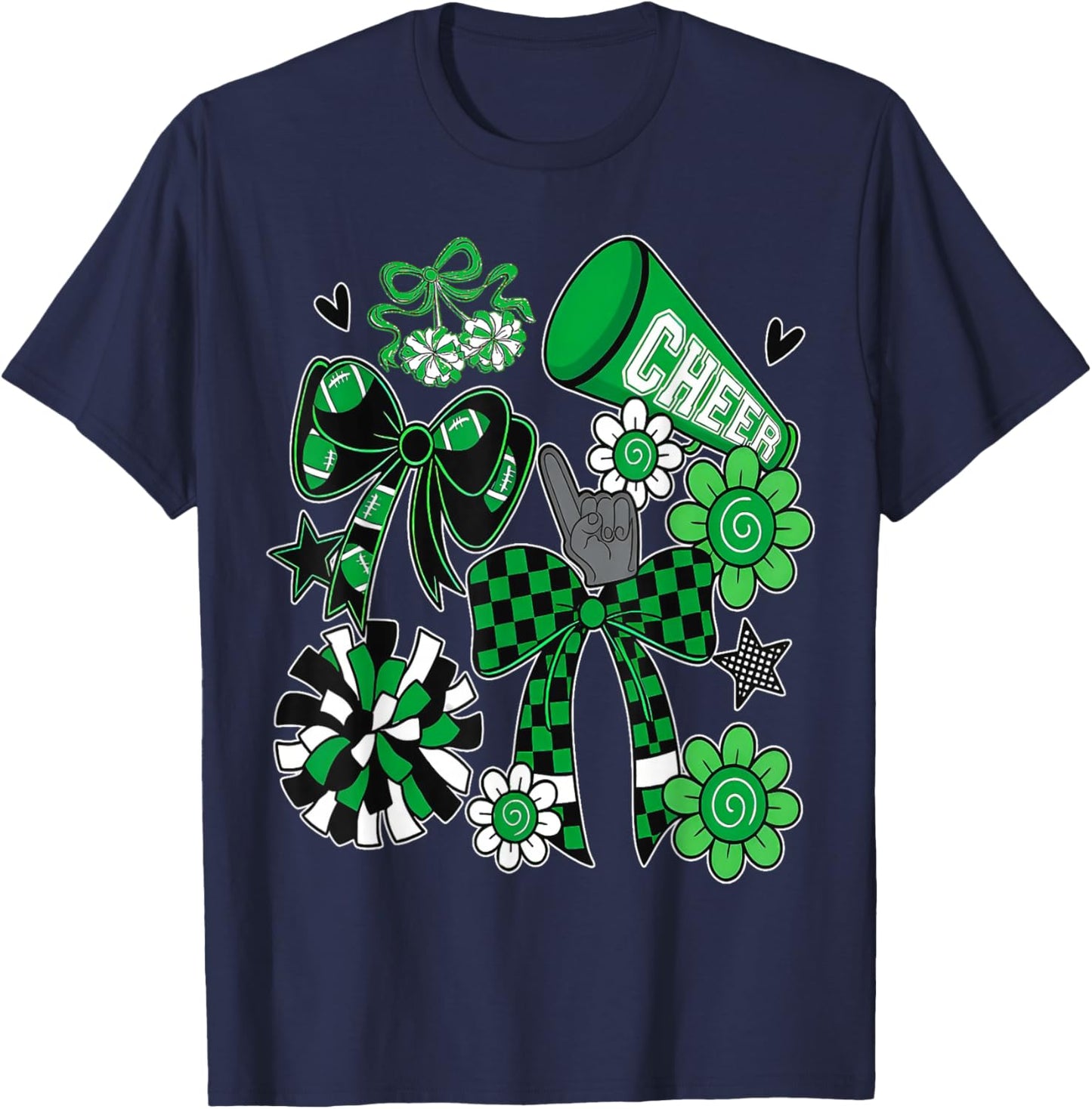 Retro Green Cheer Football Game Day Coquette Bow T-Shirt - T-Shirt | Navy