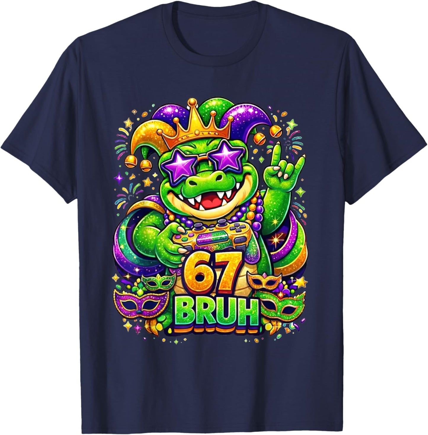 Mardi Gras Party Alligator Mardigator 67 Bruh Gamer Boys T-Shirt - T-Shirt | Navy