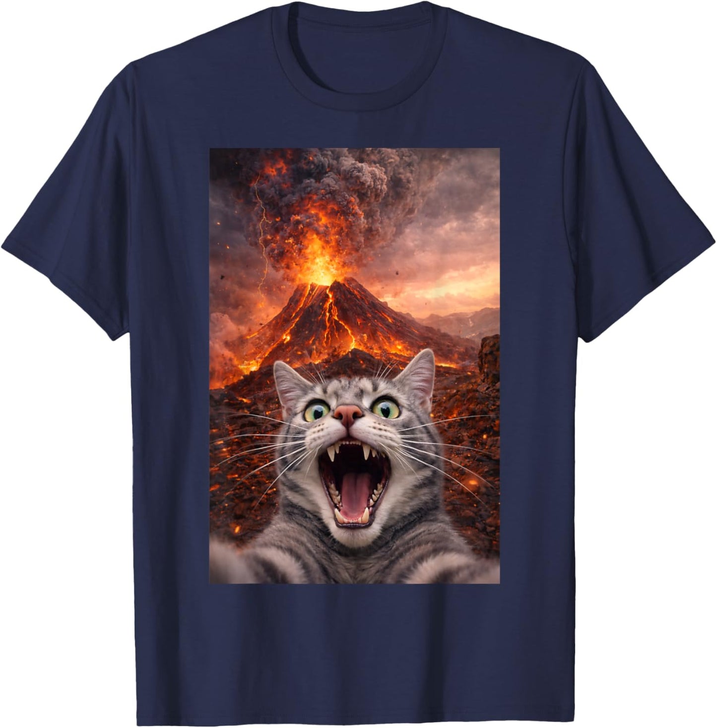 Funny Scared Cat Selfie During Volcano Eruption T-Shirt - T-Shirt | Navy