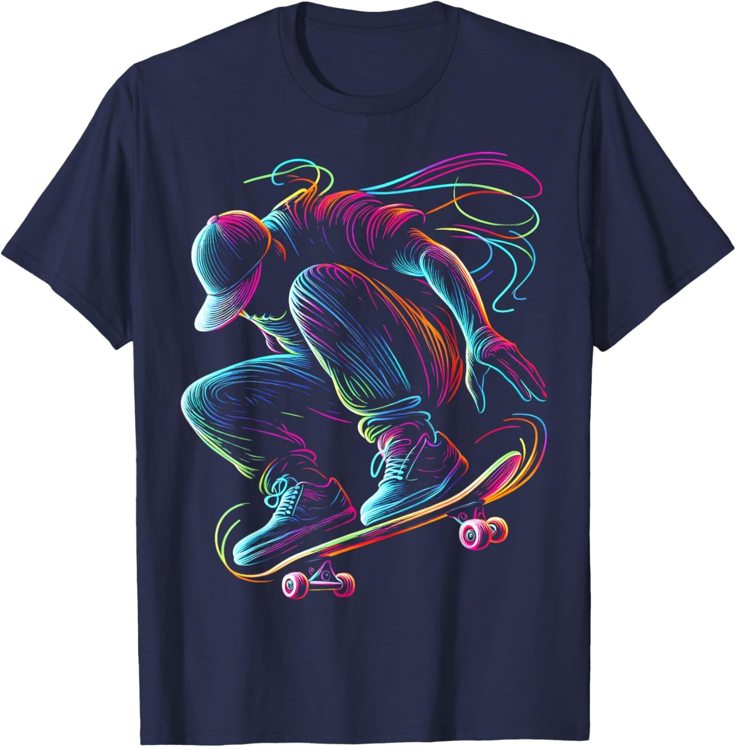 Skater Motion Line Art Multicolor Skateborad Illustration T-Shirt - T-Shirt | Navy