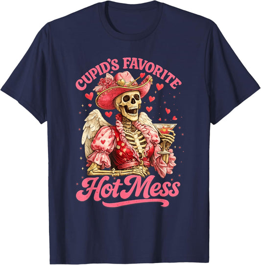 Retro Cupid's Favorite Hot Mess Funny Skeleton Valentine Day T-Shirt - T-Shirt | Navy
