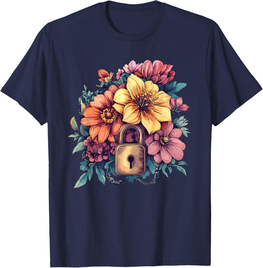 Locked Heart Vintage Floral Secret Garden T-Shirt - T-Shirt | Navy