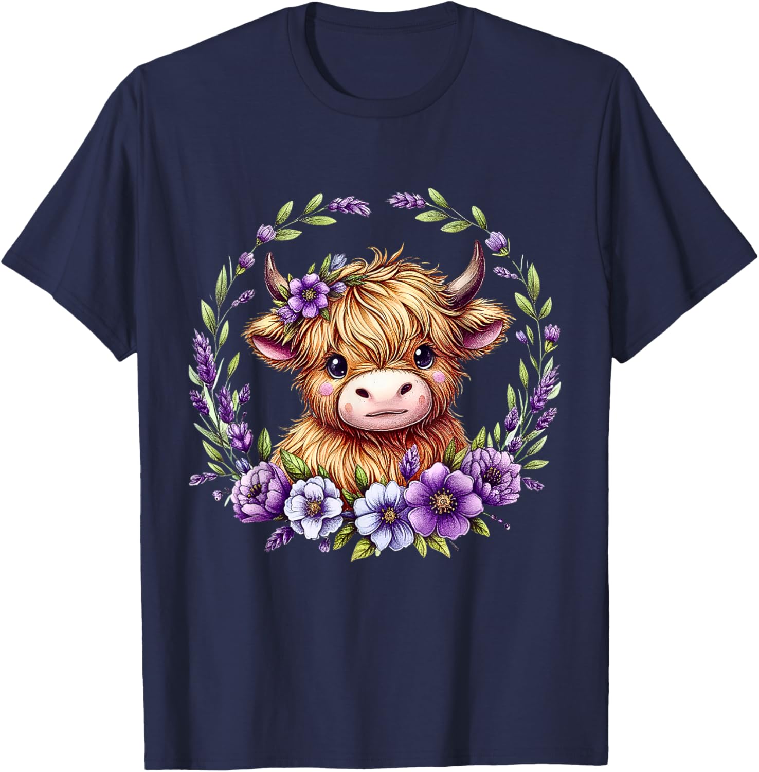 Baby Highland Cow with Purple Flowers Scottish Farm T-Shirt - T-Shirt | Navy