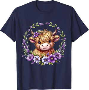 Baby Highland Cow with Purple Flowers Scottish Farm T-Shirt - T-Shirt | Navy