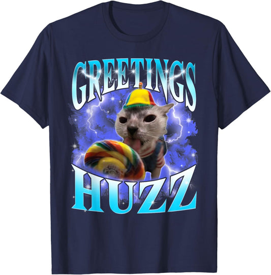Funny Gen Z Gen Alpha Slang Cat Meme Greetings Huzz Cat Meme T-Shirt - T-Shirt | Navy