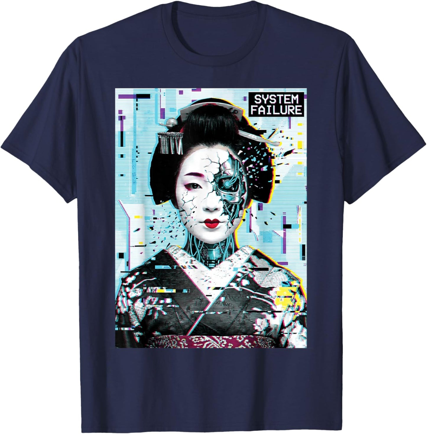 Retro Japanese Streetwear Cyberpunk Geisha Glitch Art Anime T-Shirt - T-Shirt | Navy