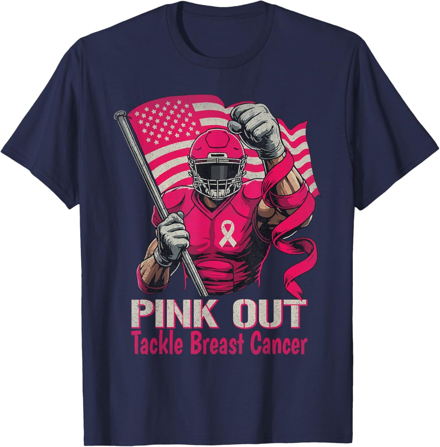 Pink Out Tackle Breast Cancer Football American Flag Ribbon T-Shirt - T-Shirt | Navy