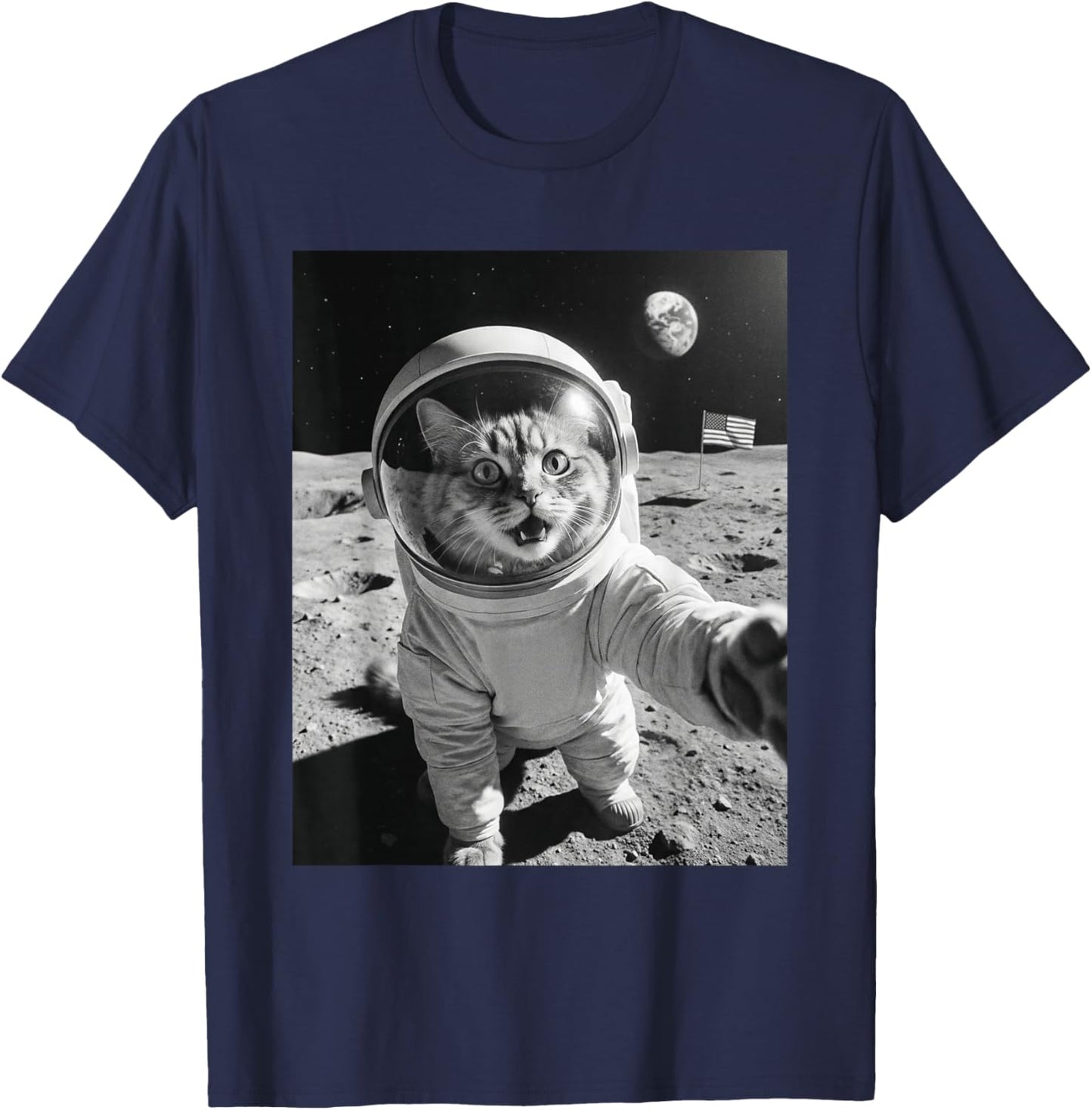 Cat Astronaut Selfie On The Moon Funny Cats Lover T-Shirt - T-Shirt | Navy