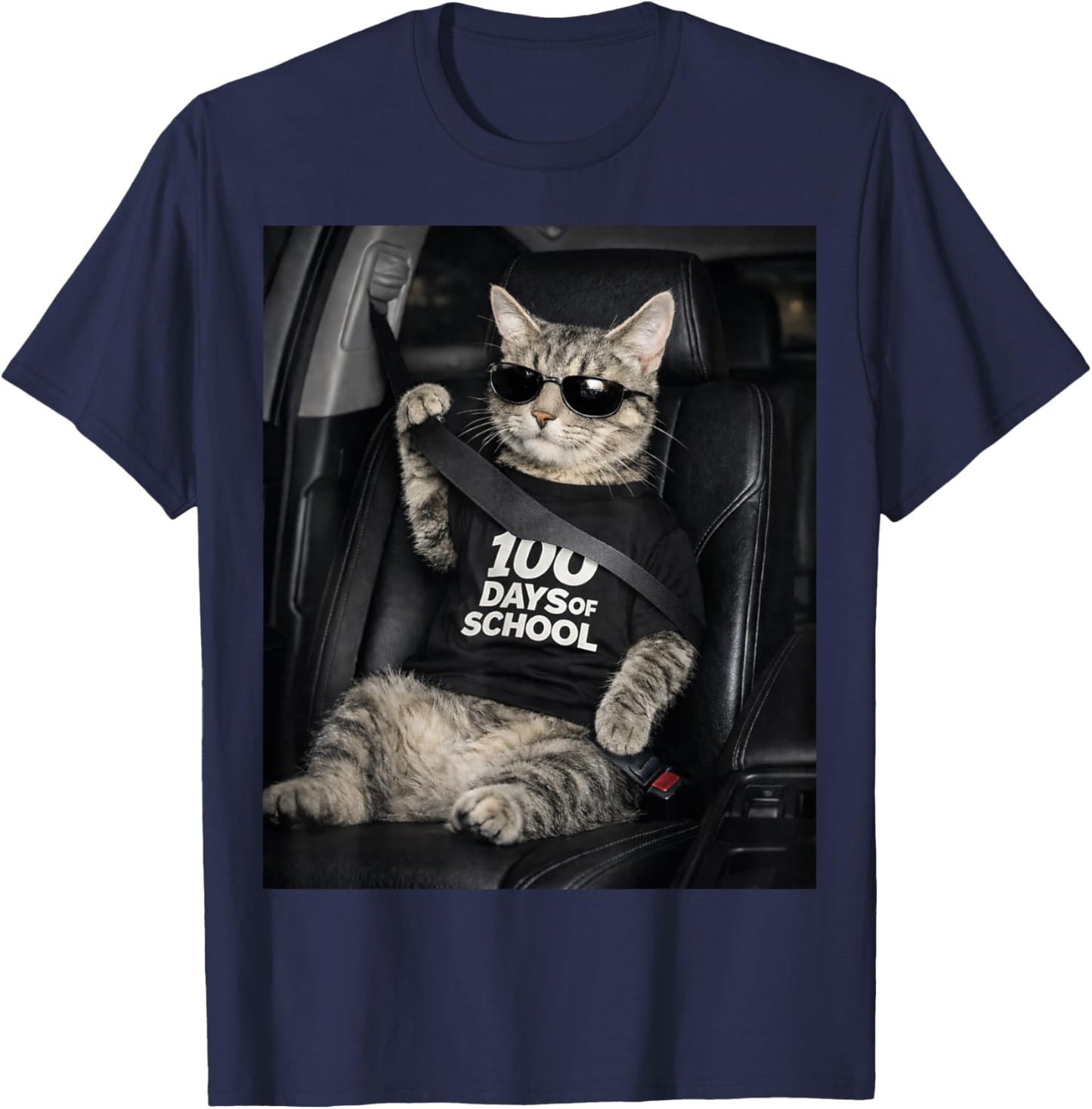 100 Days of School Cool Cat Seatbelt Funny T-Shirt - T-Shirt | Navy