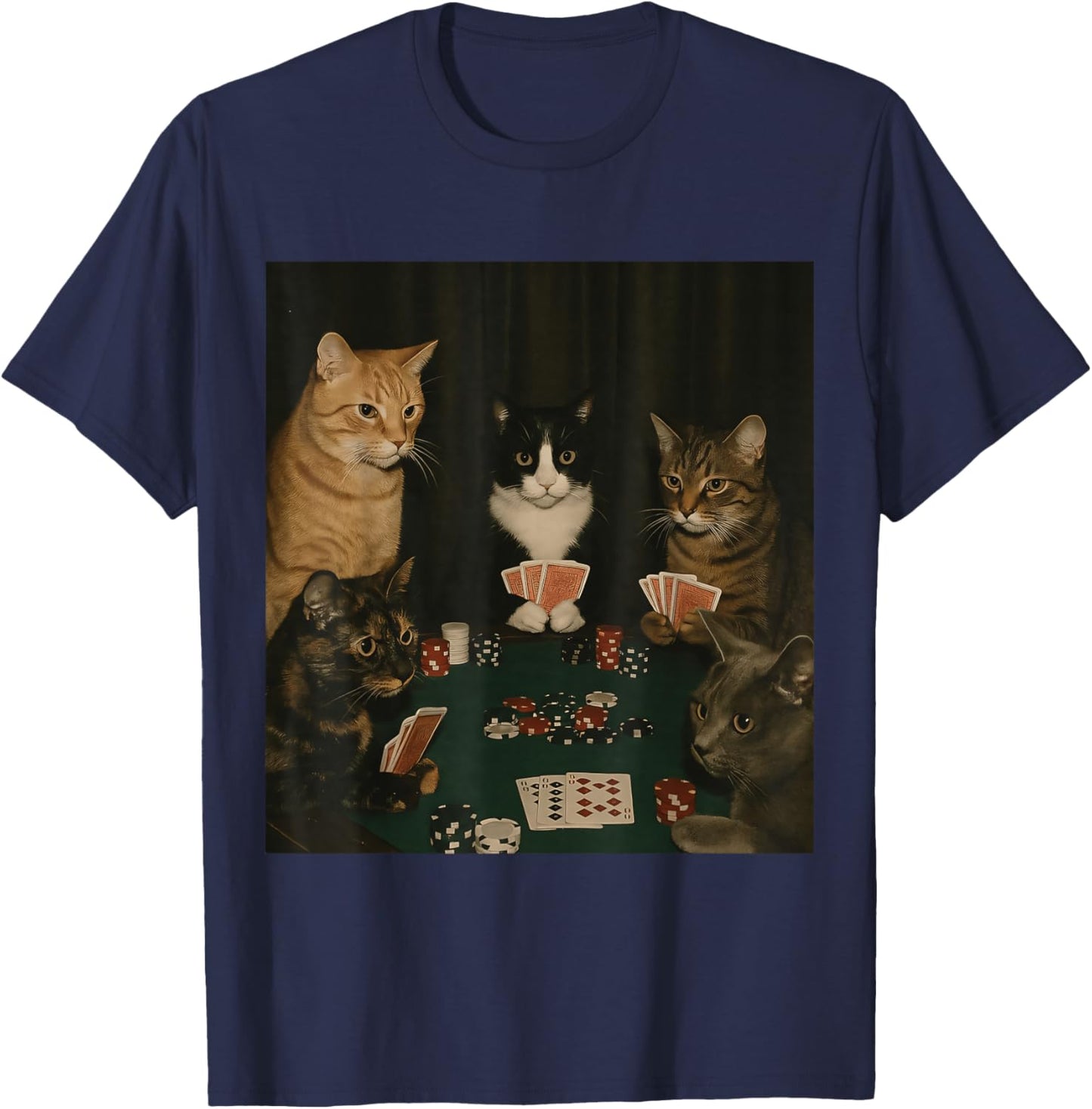 Vintage Cats Playing Poker Kitty Meme Cute Cat Lover Graphic T-Shirt - T-Shirt | Navy