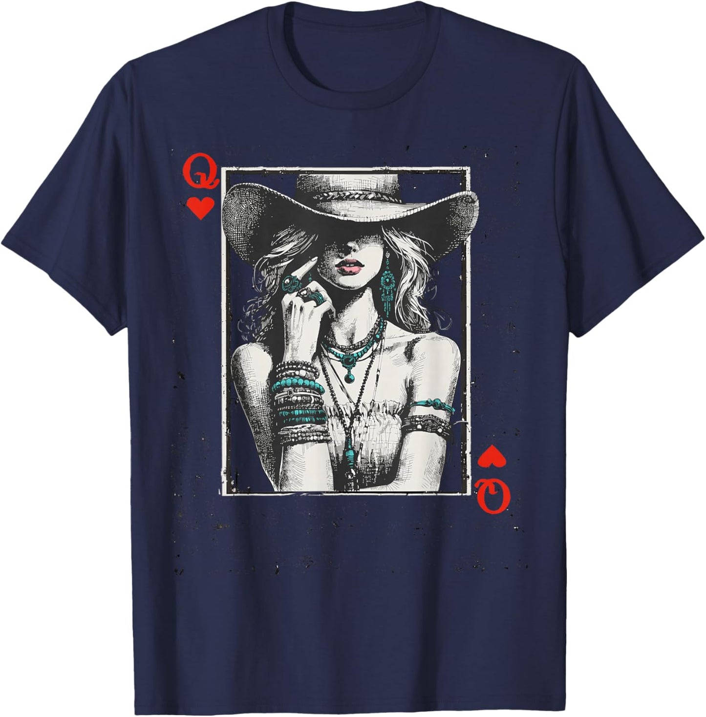Western Cowgirl Valentine Queen of Hearts Card Vintage Style T-Shirt - T-Shirt | Navy