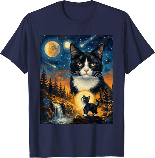 Tuxedo Cat Howling to The Moon T-Shirt - T-Shirt | Navy