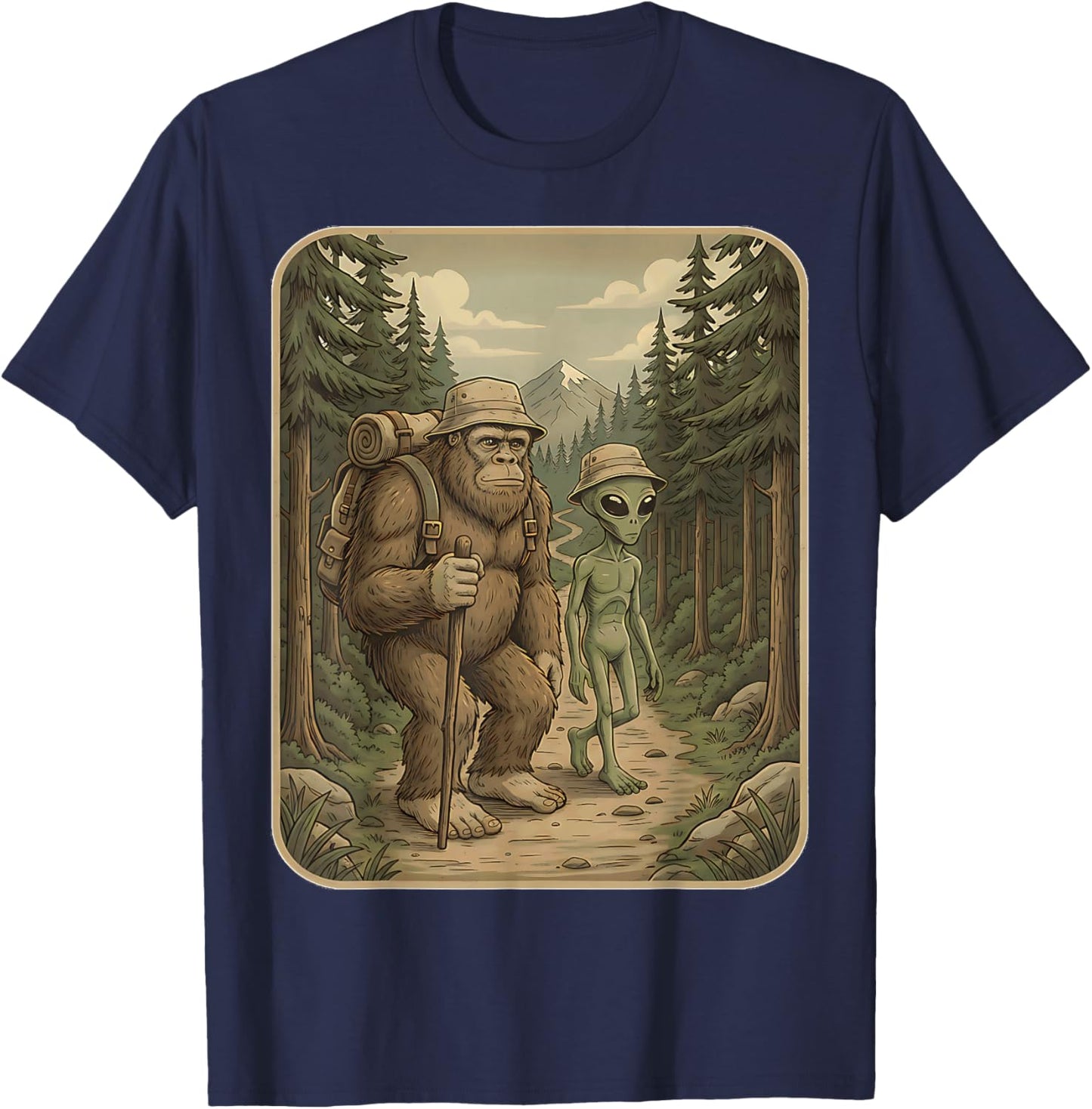 Funny Bigfoot & Alien UFO Camping Outdoor Adventures Hiking T-Shirt - T-Shirt | Navy