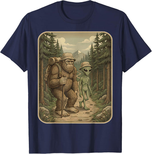 Funny Bigfoot & Alien UFO Camping Outdoor Adventures Hiking T-Shirt - T-Shirt | Navy