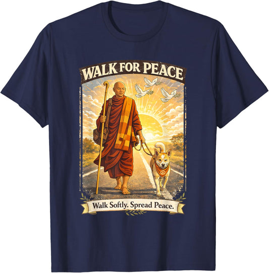 Walk for Peace Monks with Aloka The Peace Dog T-Shirt - T-Shirt | Navy