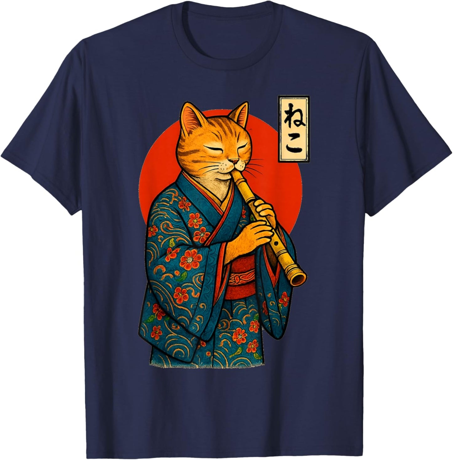 Vintage Japanese Samurai Cat Playing The Shakuhachi Flute T-Shirt - T-Shirt | Navy