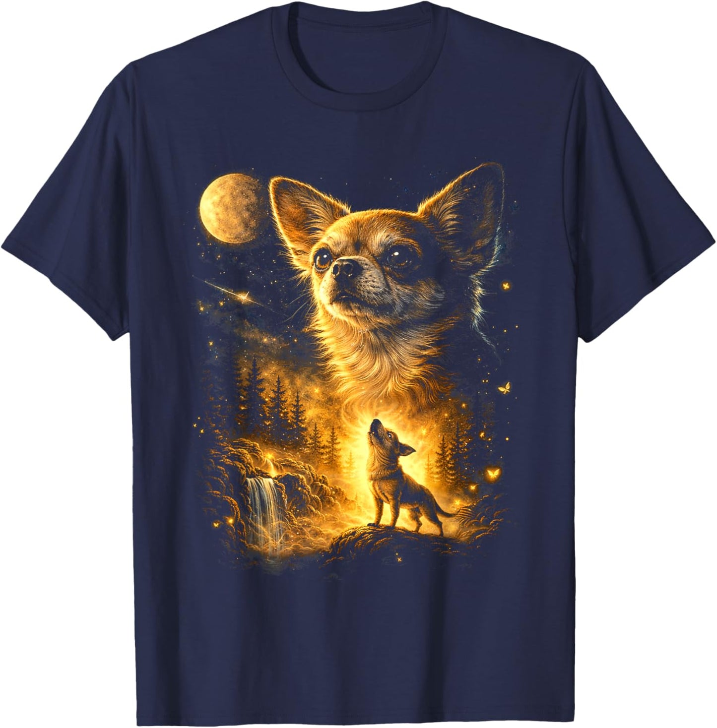 Funny Chihuahua Howling at The Moon Mystical Art T-Shirt - T-Shirt | Navy