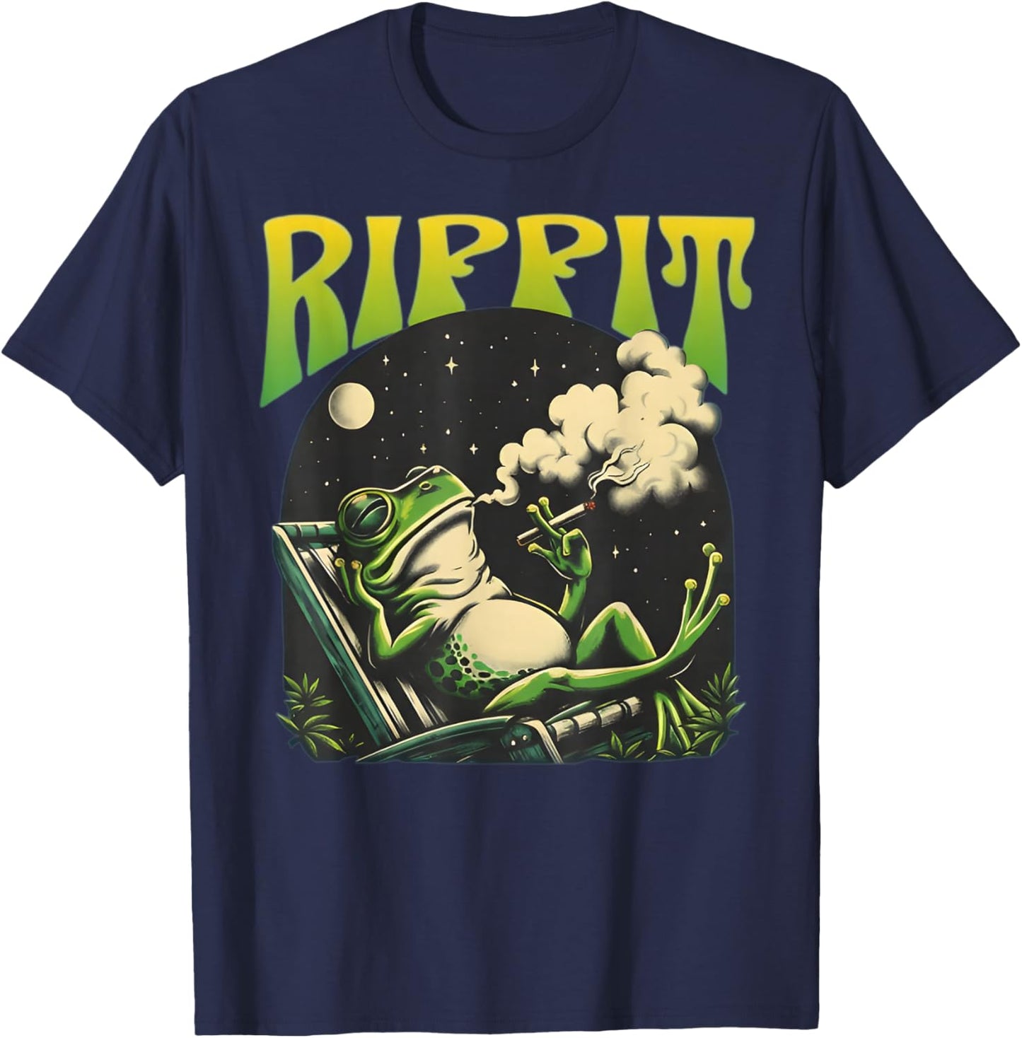 Rippit Frog Smoking Moon Weed Marijuana Funny Frog Cannabis T-Shirt - T-Shirt | Navy