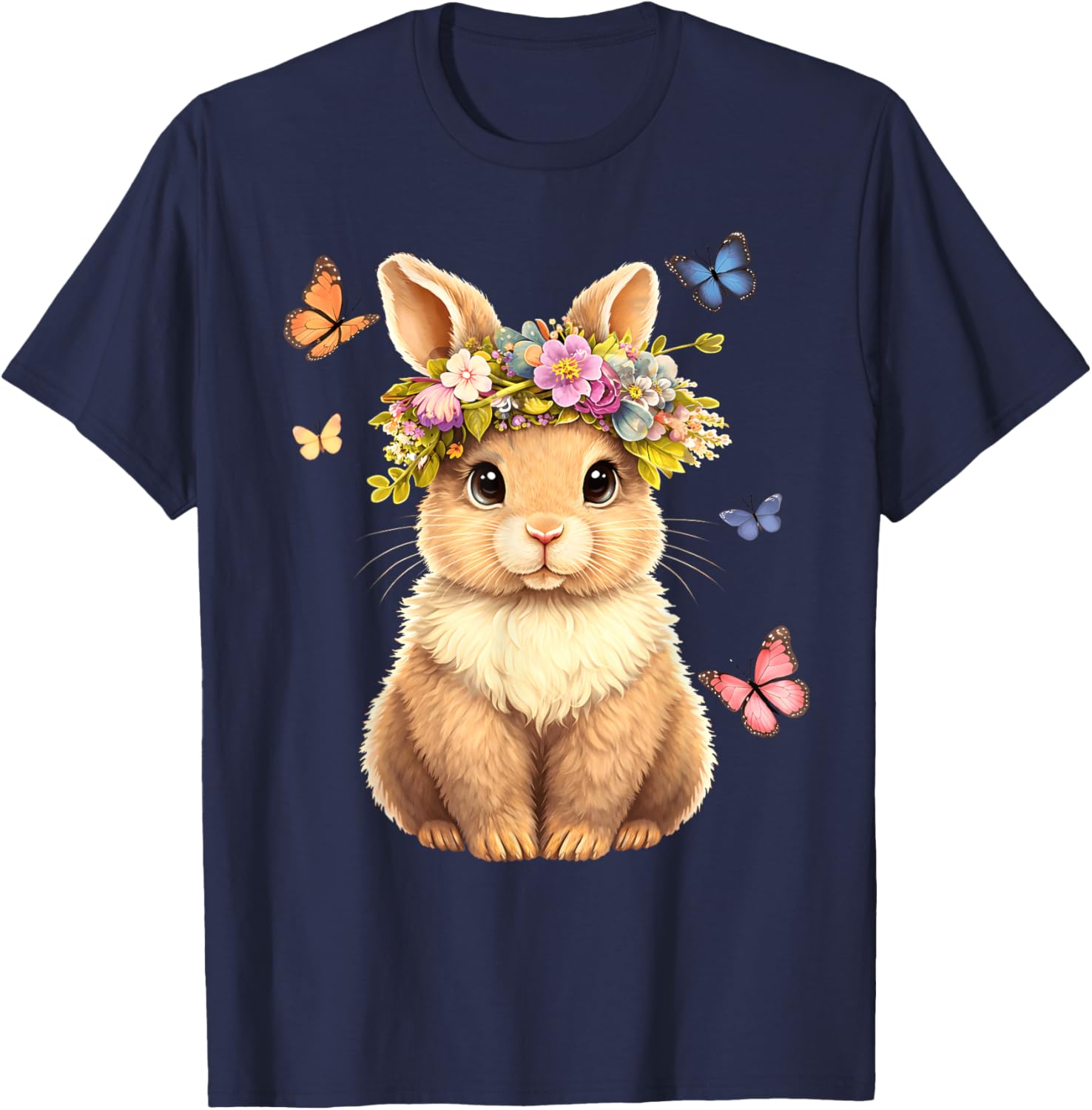 Cute Easter Bunny Rabbit Floral Butterfly Women Kids T-Shirt - T-Shirt | Navy
