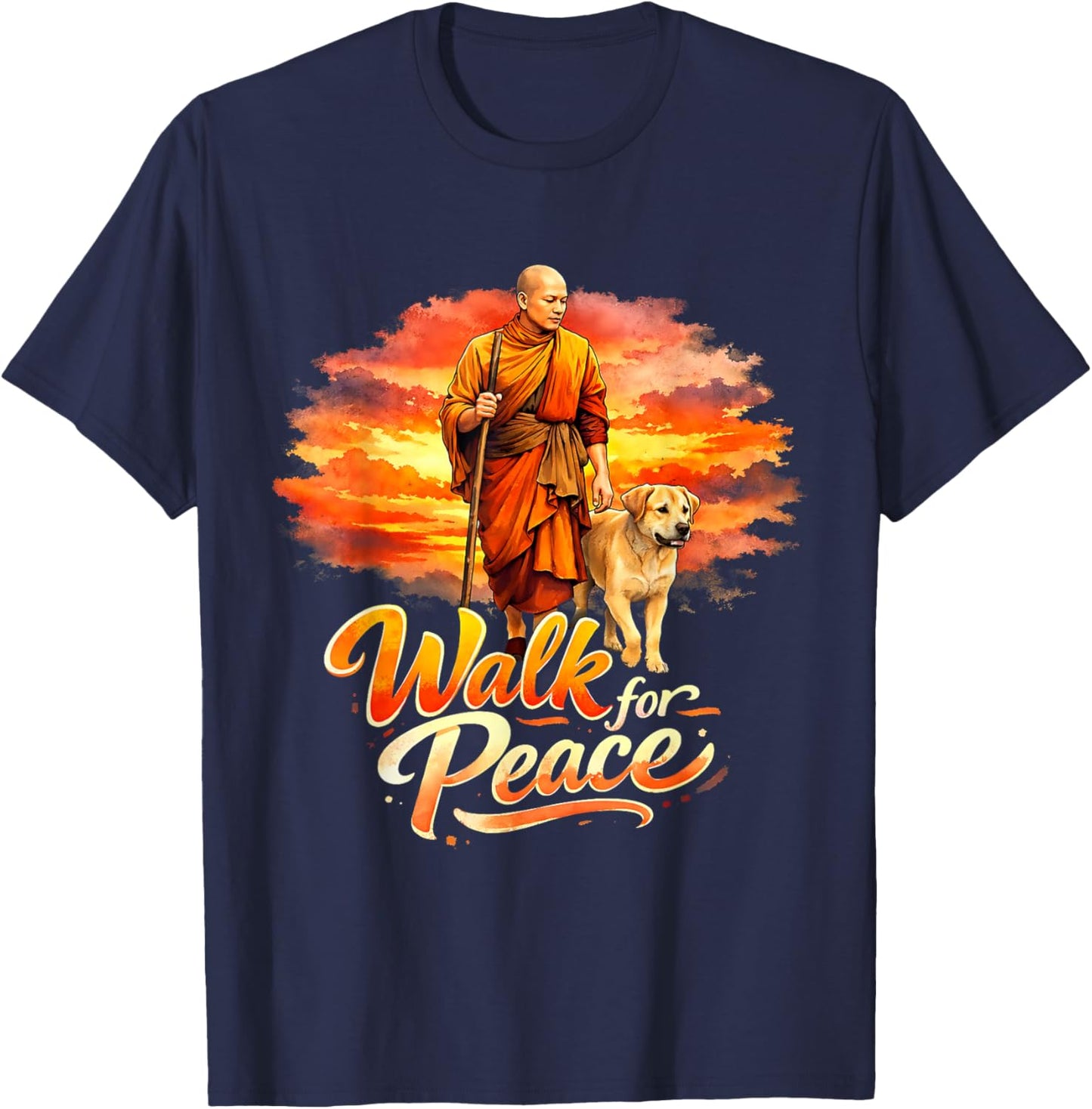 Walk for Peace Mindful Monk Spiritual Art T-Shirt - T-Shirt | Navy